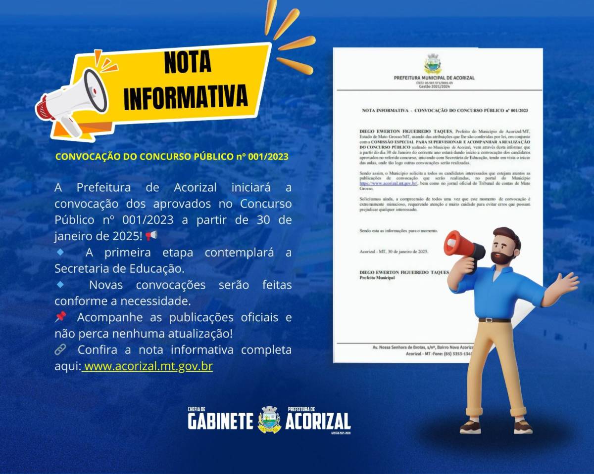 Prefeito Diego Taques anuncia convocação de aprovados no concurso público de 2023 e prioridade é para Secretaria de Educação
