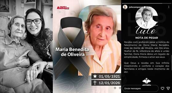Políticos de MT lamentam morte de Maria Benedita de Oliveira e destacam legado histórico