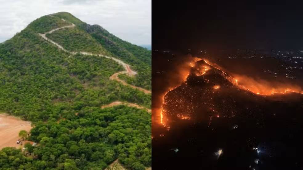 Veja impacto de incêndio em morro que é cartão-postal de Leverger