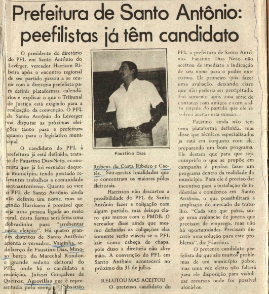 O PFL lança Faustino Dias Neto como candidato a prefeito em 1988