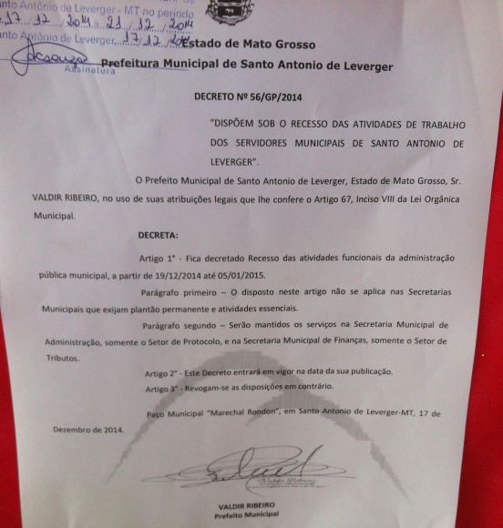 Secretaria de Administração publica Decreto de recesso nos órgãos da Pre