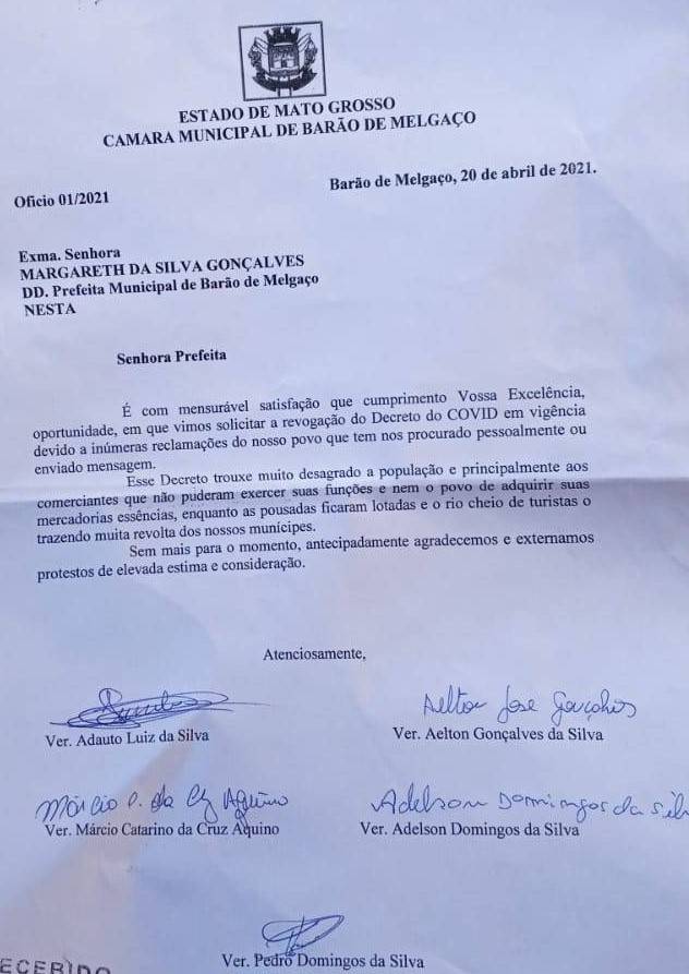 Em ofício a prefeita Margareth, vereadores pedem flexibilização de medidas restritivas para o comércio local